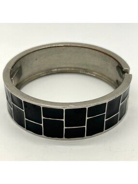 Vintage Modernist Silver-Tone Hinged Bangle With Black Enamel Geometric Inlay